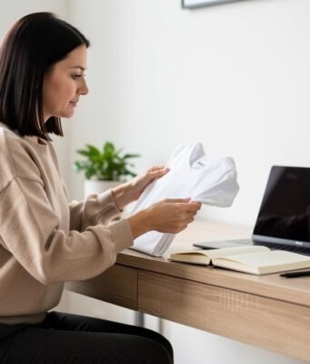 Kupovina odeće online: kako pametno birati veličine i materijale? zena-bela-majica-laptop
