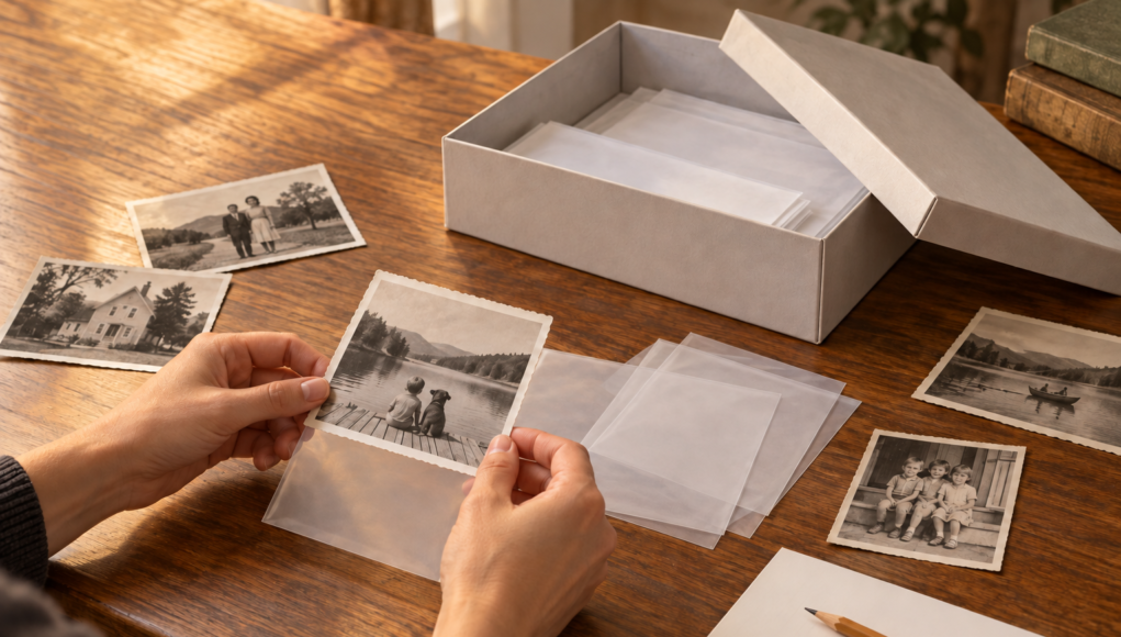 AI ilustracija držanja stare fotografije za ivice uz za&scaron;titne omote i kutiju.
