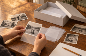 AI ilustracija držanja stare fotografije za ivice uz za&scaron;titne omote i kutiju.