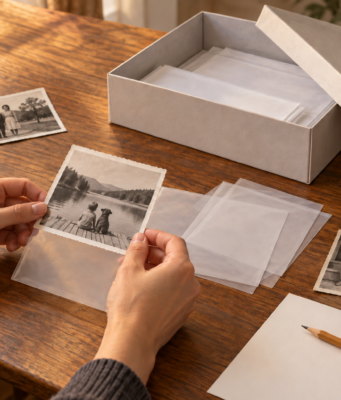 Kako čuvati stare porodične fotografije na papiru AI ilustracija držanja stare fotografije za ivice uz zaštitne omote i kutiju.