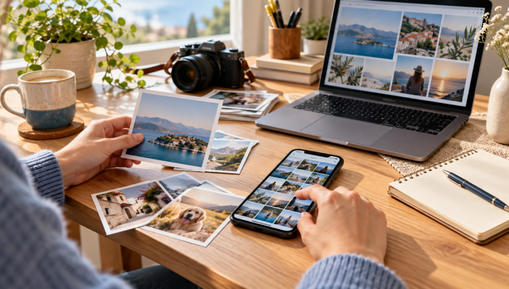 digitalni-red-fotografije Sređivanje fotografija na telefonu uz odštampane slike i laptop na radnom stolu — AI ilustracija.