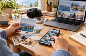 Kako da sredite fotografije i dokumenta na telefonu bez gubljenja važnih uspomena Sređivanje fotografija na telefonu uz odštampane slike i laptop na radnom stolu — AI ilustracija.