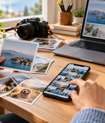 Kako da sredite fotografije i dokumenta na telefonu bez gubljenja važnih uspomena Sređivanje fotografija na telefonu uz odštampane slike i laptop na radnom stolu — AI ilustracija.