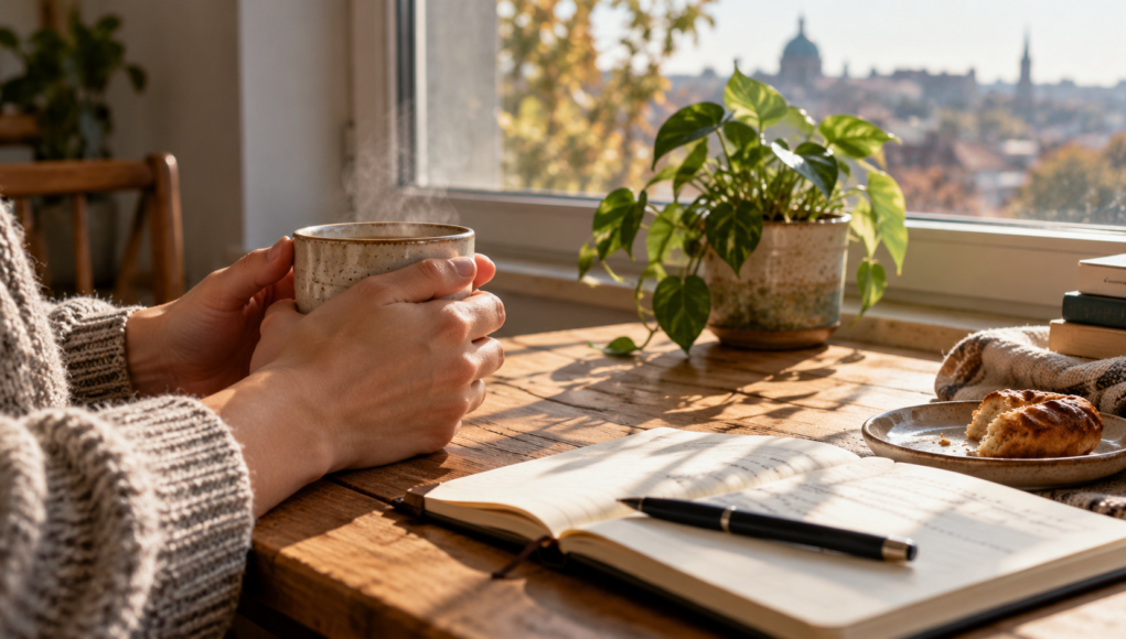 milena-male-stvari-20261022 Mirno jutro uz šolju čaja i beležnicu pored prozora