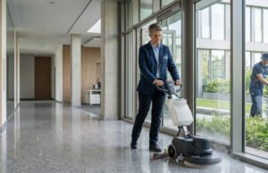 Radnica ma&scaron;inom pere pod poslovne zgrade, dok se ispred održava zelenilo