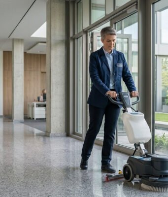 Čist poslovni prostor nije dovoljan: šta sve podrazumeva profesionalno održavanje objekta Radnica mašinom pere pod poslovne zgrade, dok se ispred održava zelenilo